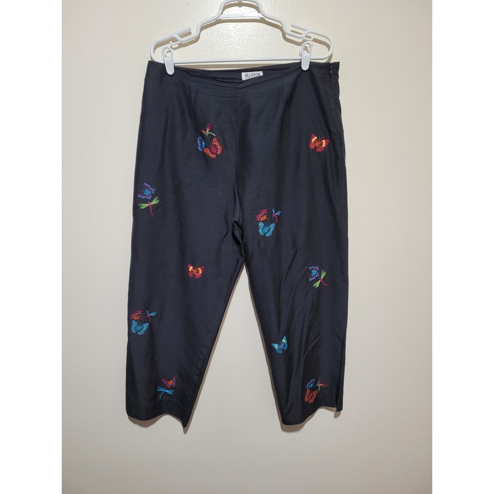 Allison Taylor Silk Blend Crop Pants‎ Women Size 14 Black Butterfly Embroider